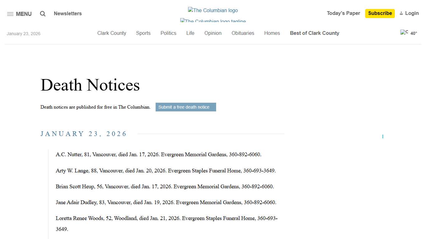 Death Notices - The Columbian