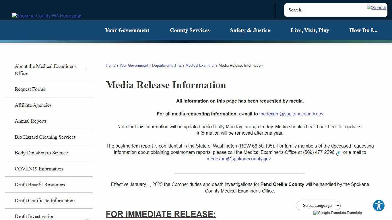 Media Release Information Spokane County, WA