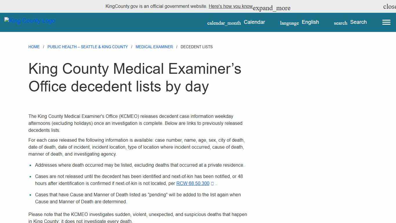 King County Medical Examiner’s Office decedent lists by day - King County, Washington